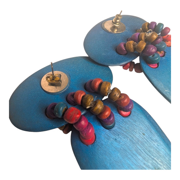 Vtg 60s Mod Chunky Blue Wooden Dangle Drop Statement Earrings Multicolor Beads - Picture 3 of 7